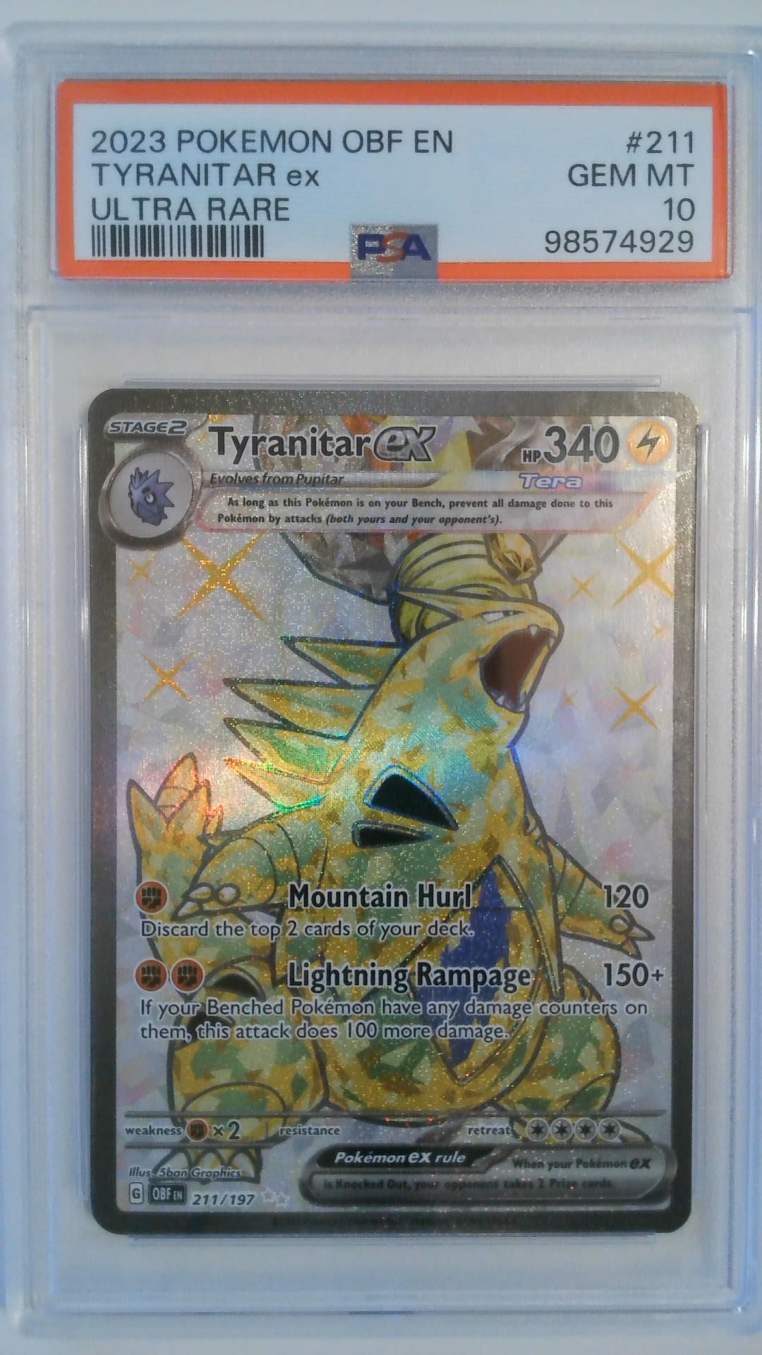 2023 Pokemon OBF EN Ultra Rare Tyranitar ex #211 PSA 10
