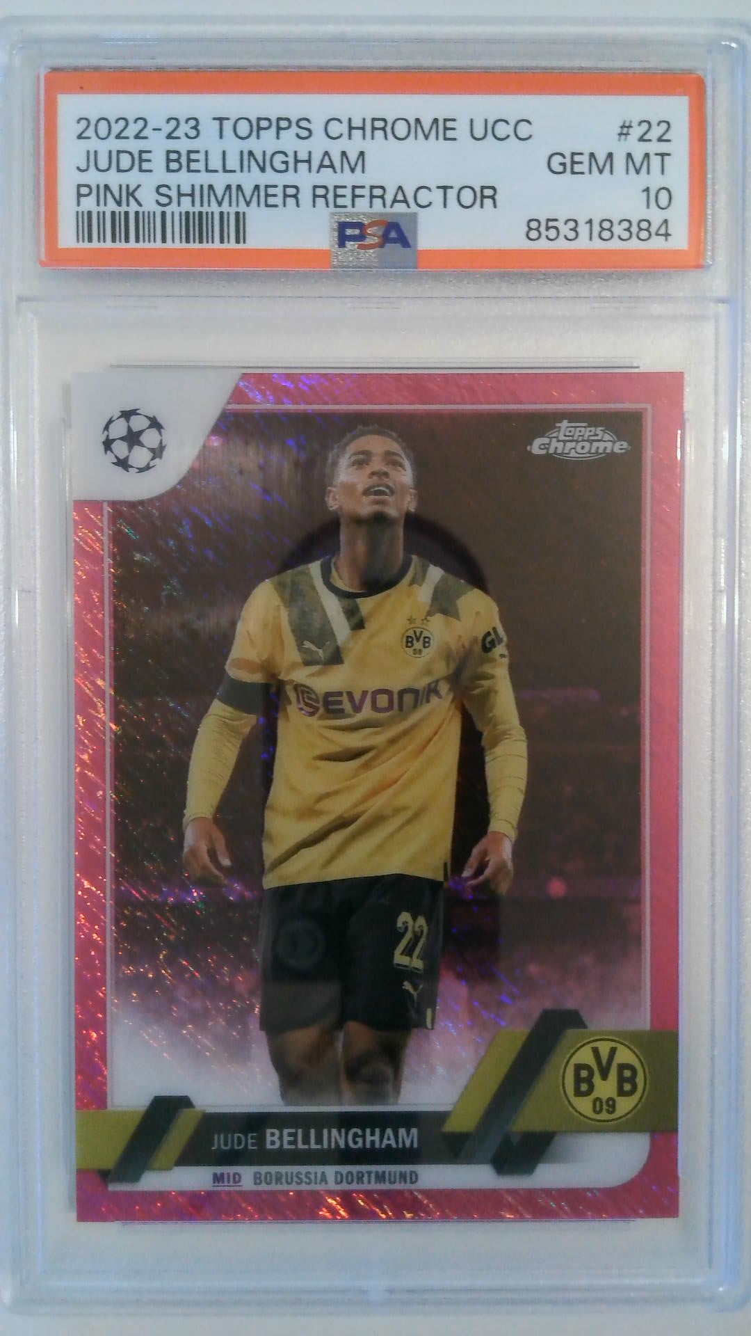 2022-23 Topps Chrome UCC Pink Shimmer Refractor 123/250 Jude Bellingham #22 PSA 10
