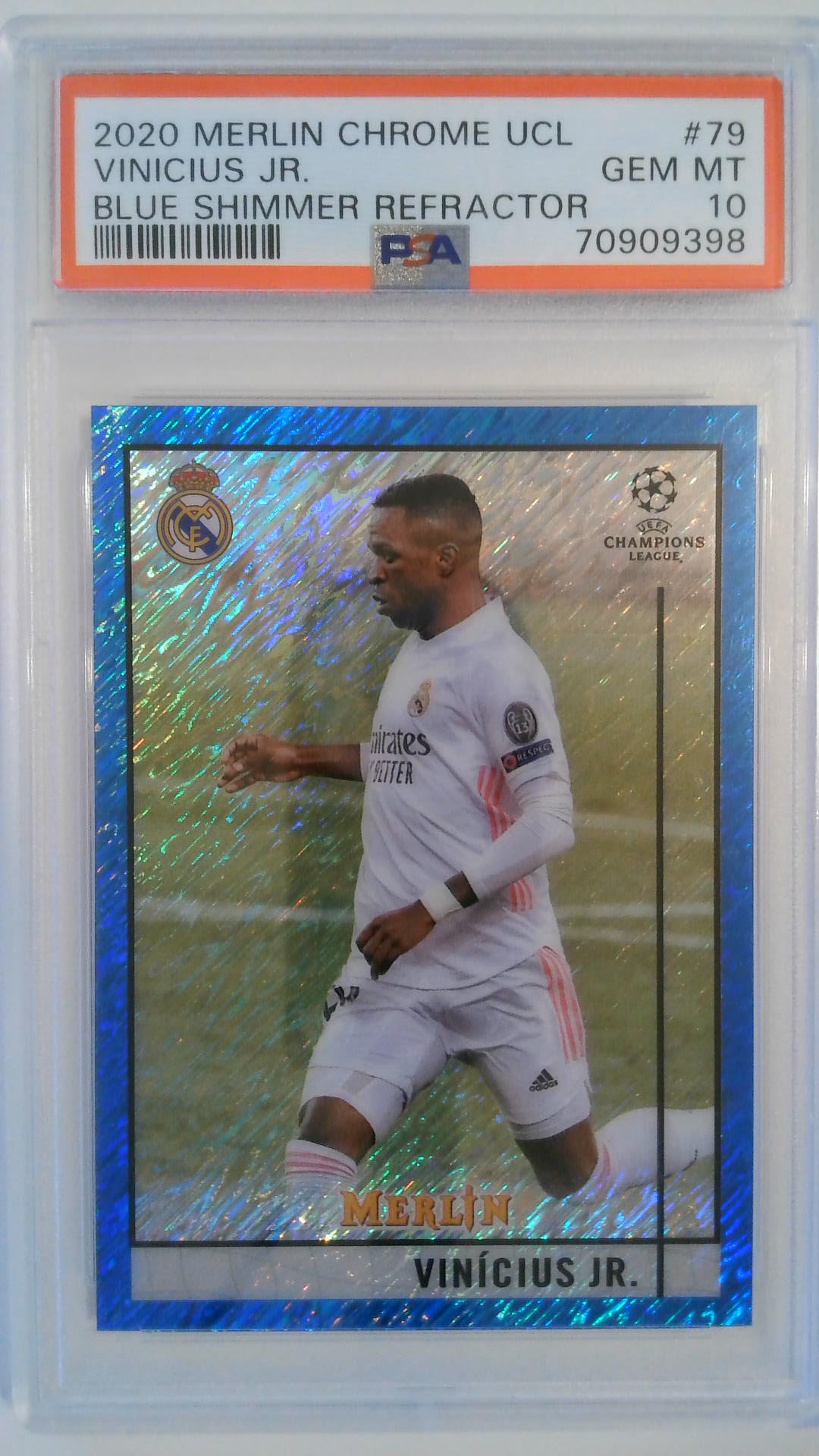 2020 Merlin Chrome UCL Blue Shimmer Refractor 44/75 Vinicius Jr. #79 PSA 10