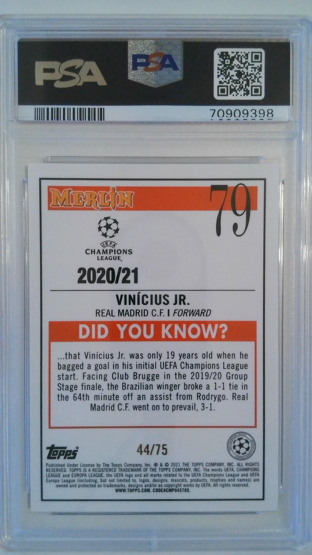 2020 Merlin Chrome UCL Blue Shimmer Refractor 44/75 Vinicius Jr. #79 PSA 10