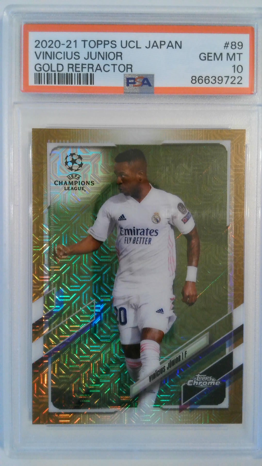 2020-21 Topps UCL Japan Gold Refractor 36/50 Vinicius Junior #89 PSA 10