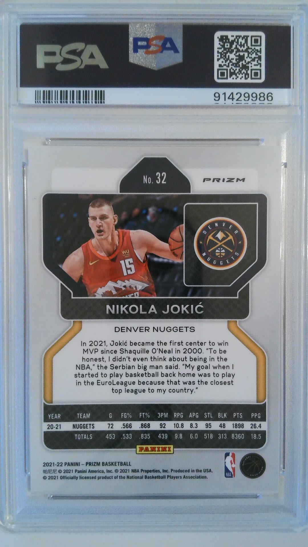 2021 Panini Prizm Orange Ice Nikola Jokic #32 PSA 10