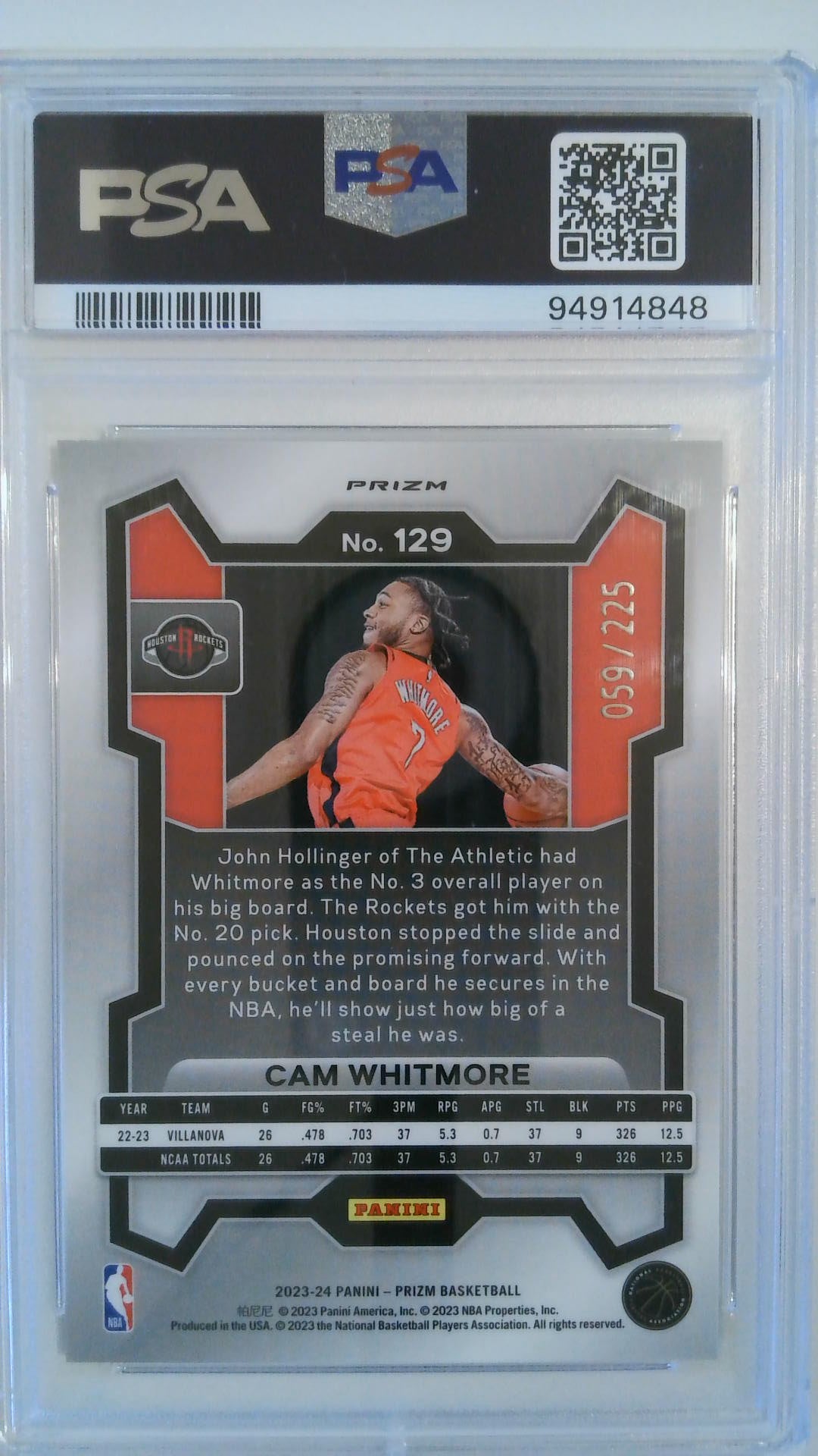 2023 Panini Prizm Teal Ice 059/225 Cam Whitmore #129 RC PSA 10