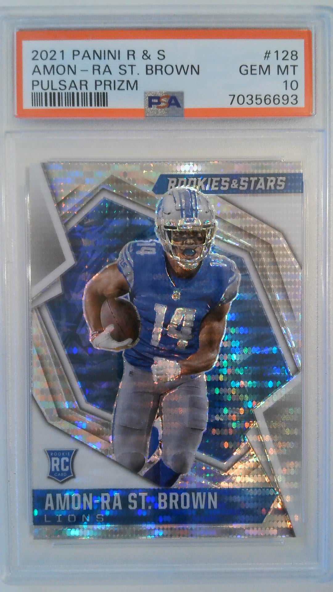 2021 Panini R&S Pulsar Prizm Amon-Ra St. Brown #128 PSA 10
