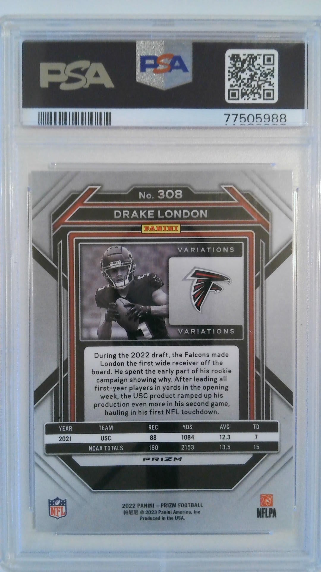 2022 Panini Prizm Variation-No Huddle Drake London #308 RC PSA 10