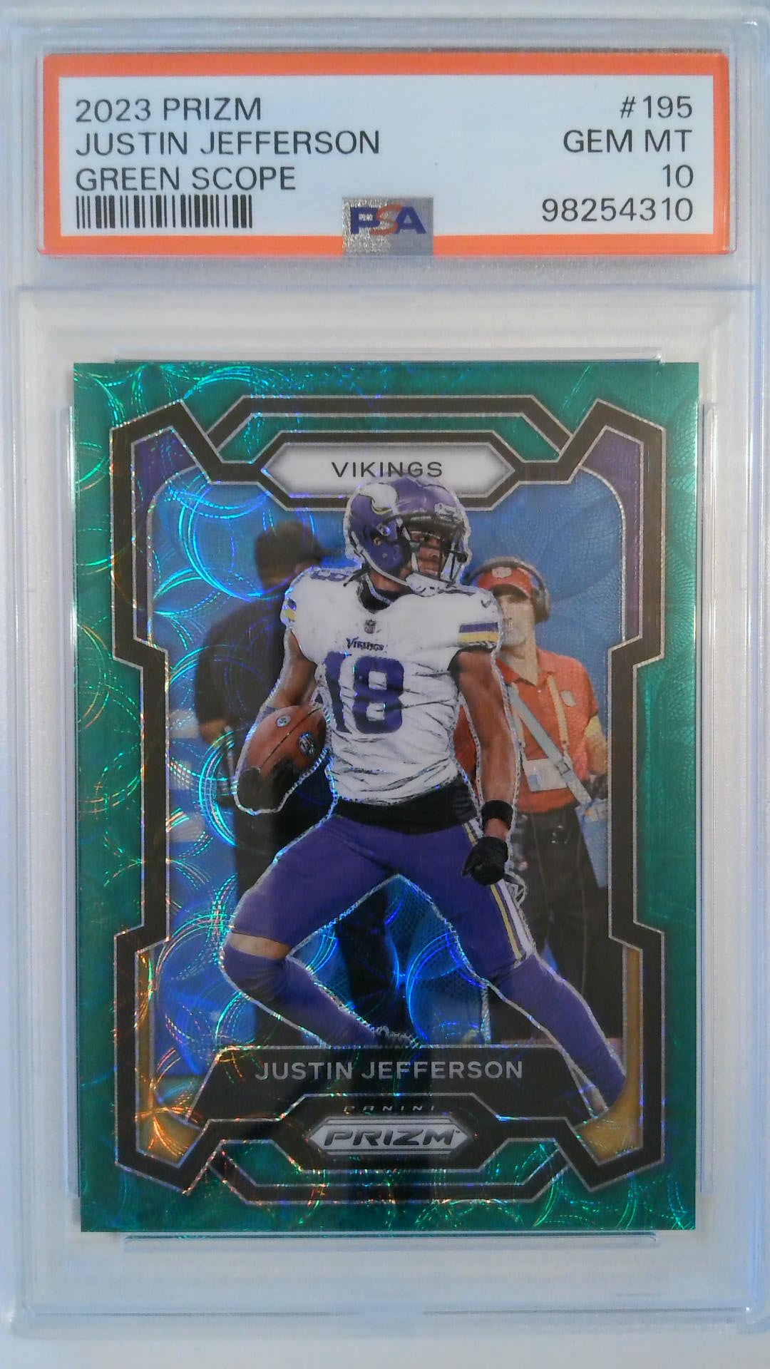 2023 Panini Prizm Green Scope 51/75 Justin Jefferson #195 PSA 10