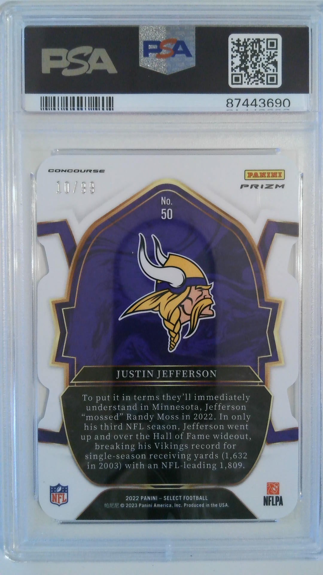 2022 Panini Select Die-Cut White Prizm 10/99 Justin Jefferson #50 PSA 10