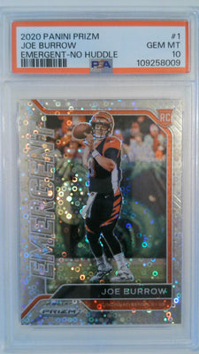 2020 Panini Prizm Emergent-No Huddle Joe Burrow #1 RC PSA 10