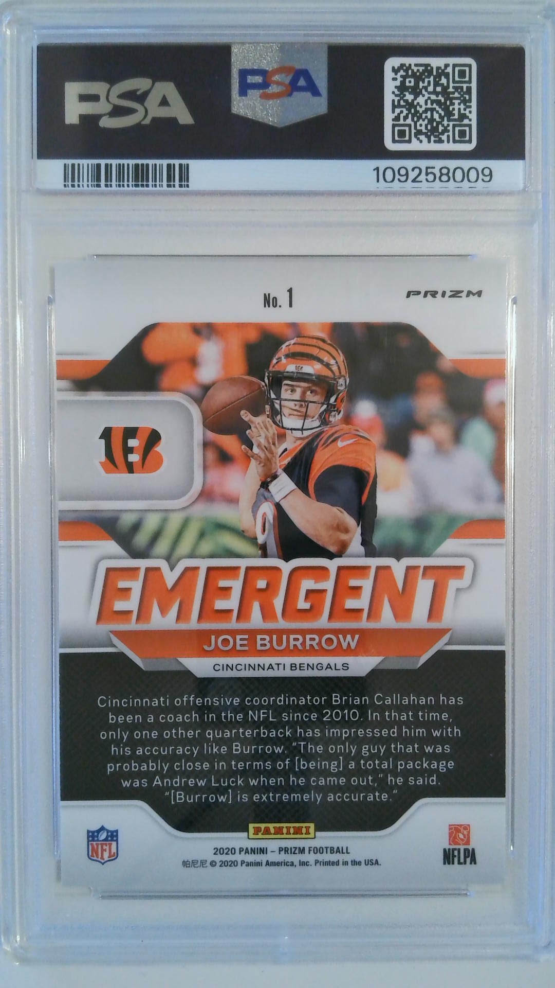 2020 Panini Prizm Emergent-No Huddle Joe Burrow #1 RC PSA 10