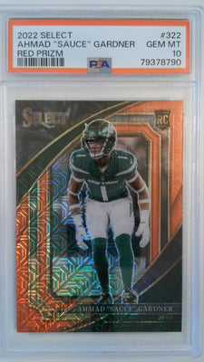 2022 Panini Select Red Prizm 12/49 Ahmad "Sauce" Gardner #322 RC PSA 10