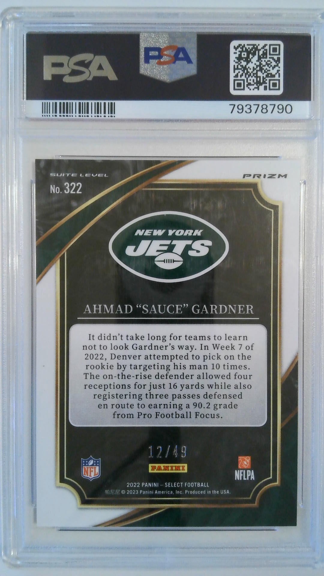 2022 Panini Select Red Prizm 12/49 Ahmad "Sauce" Gardner #322 RC PSA 10