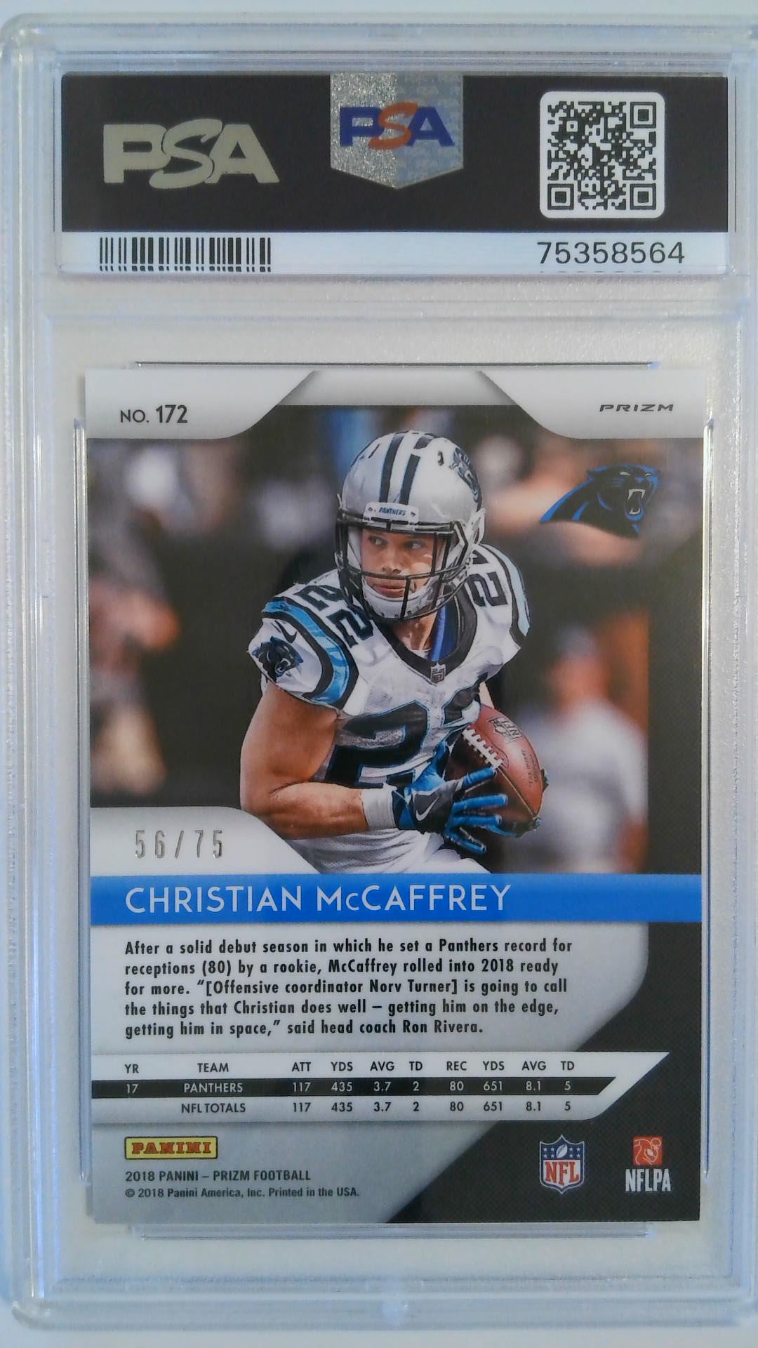 2018 Panini Prizm Green Crystals Prizm 56/75 Christian McCaffrey #172 #PSA 10