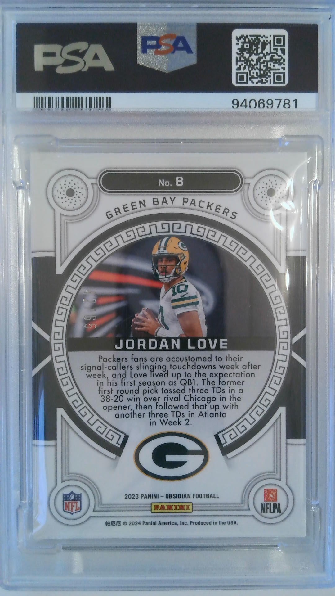 2023 Panini Obsidian Orbital-Electric Etch Org 42/65 Jordan Love #8 PSA 10