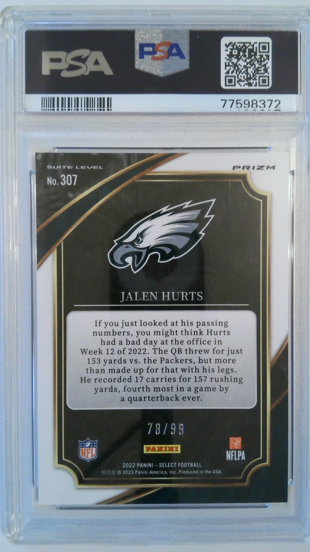 2022 Panini Select Blue Prizm 78/99 Jalen Hurts #307 PSA 10