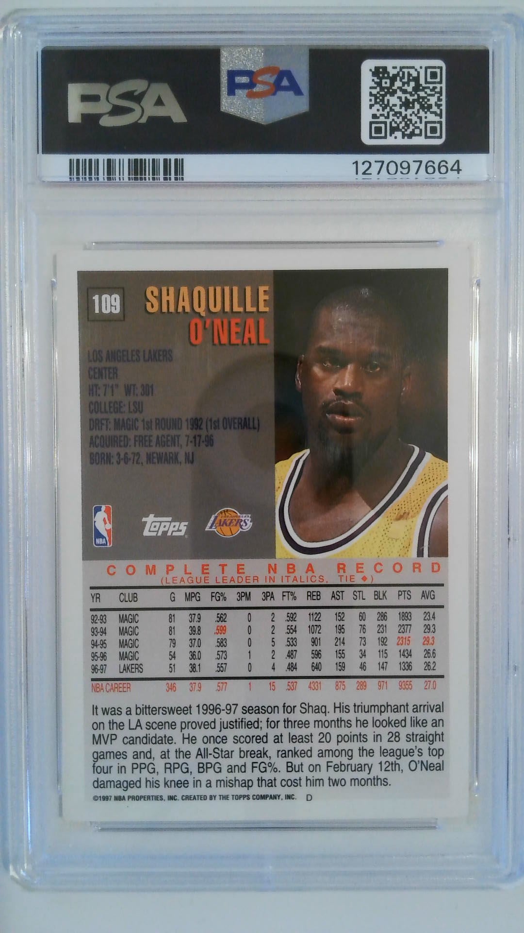 1997 Topps Minted in Springfield Shaquille O'Neal #109 PSA 6