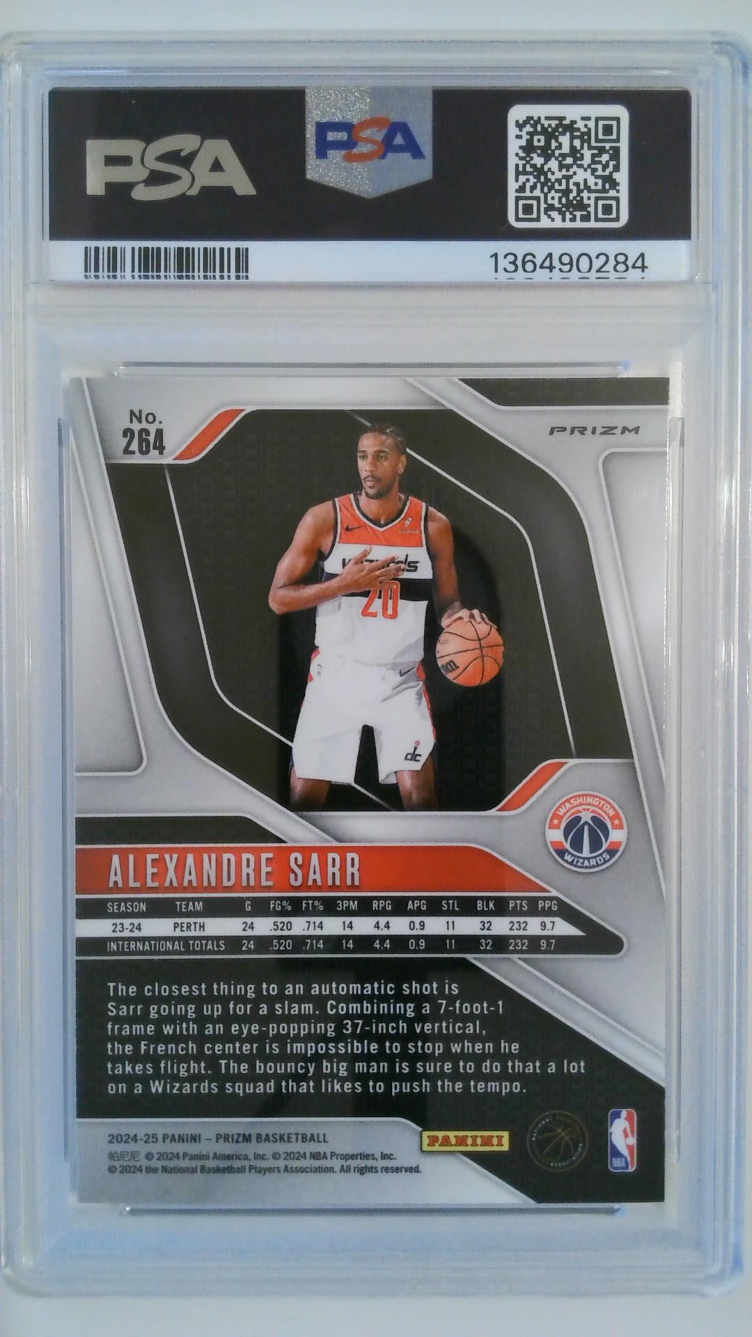 2024 Panini Prizm Silver Prizm Alexandre Sarr #264 RC PSA 7