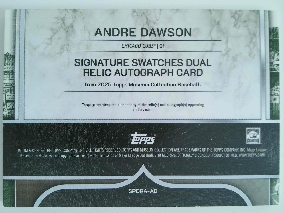 2025 Topps Museum Collection Single-Player Signature Swatches Dual Relic Autographs 050/199 Andre Dawson #SPDRA-AD