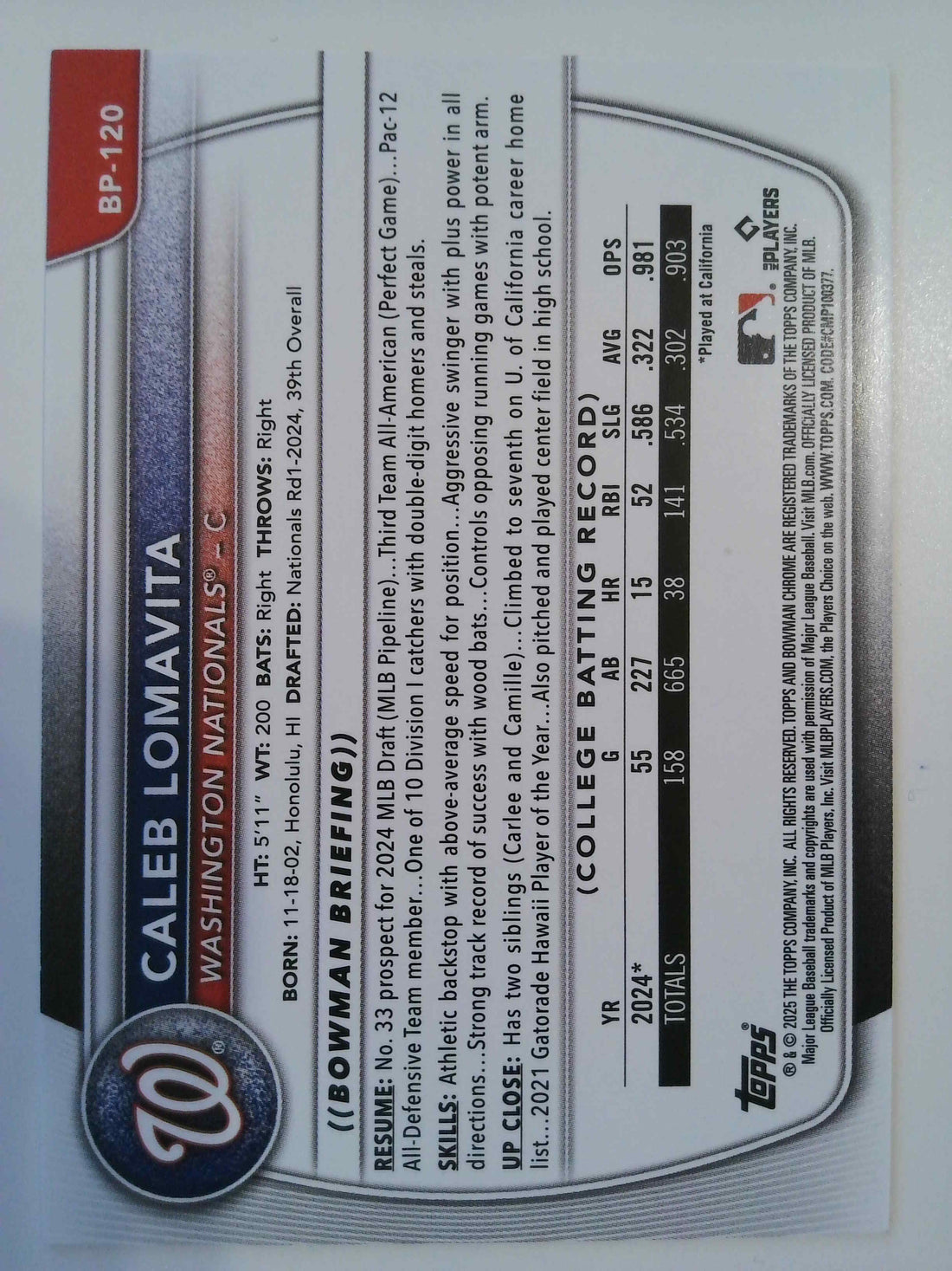 2025 Bowman Prospects Orange 11/25 Caleb Lomavita #BP-120