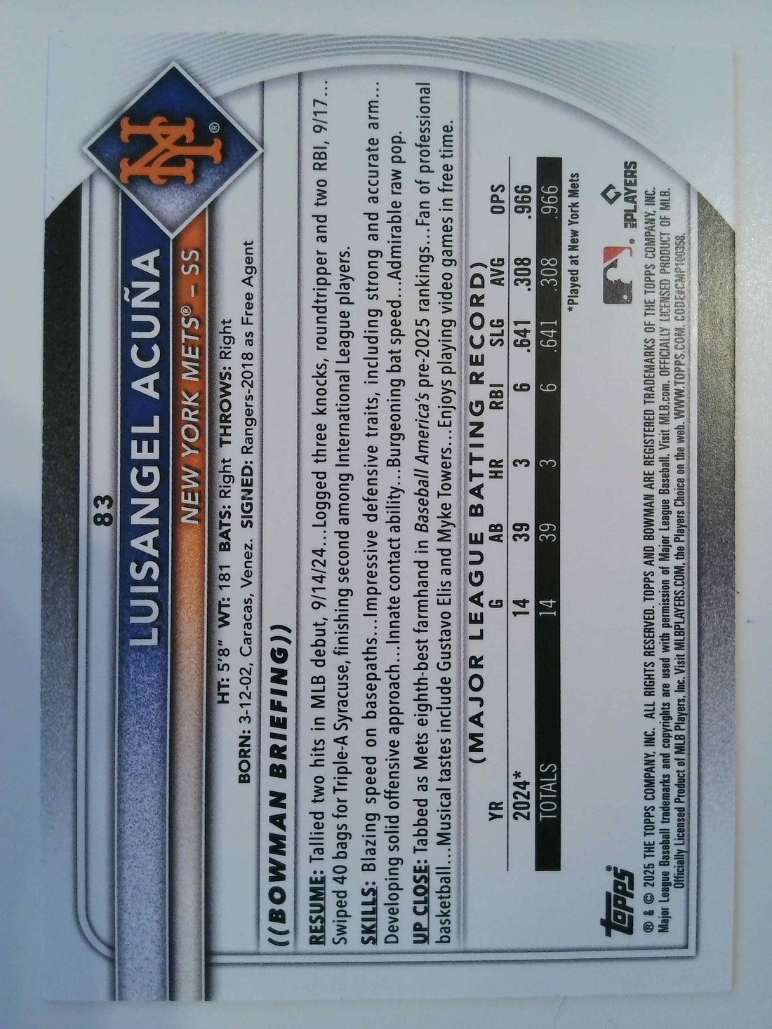 2025 Bowman Orange 09/25 Luisangel Acuna #83 RC