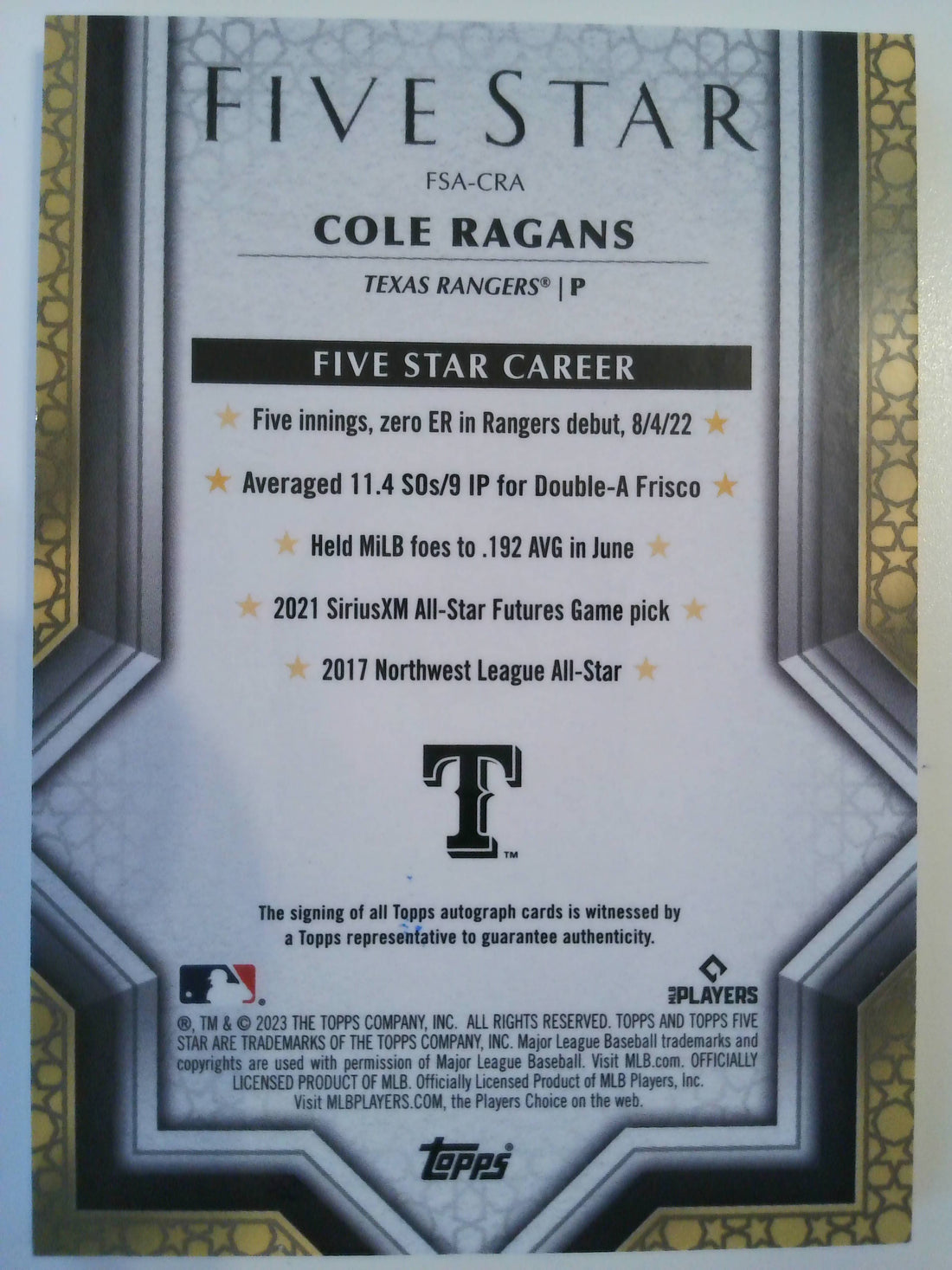 2023 Topps Five Star Autograph Cole Ragans #FSA-CRA RC