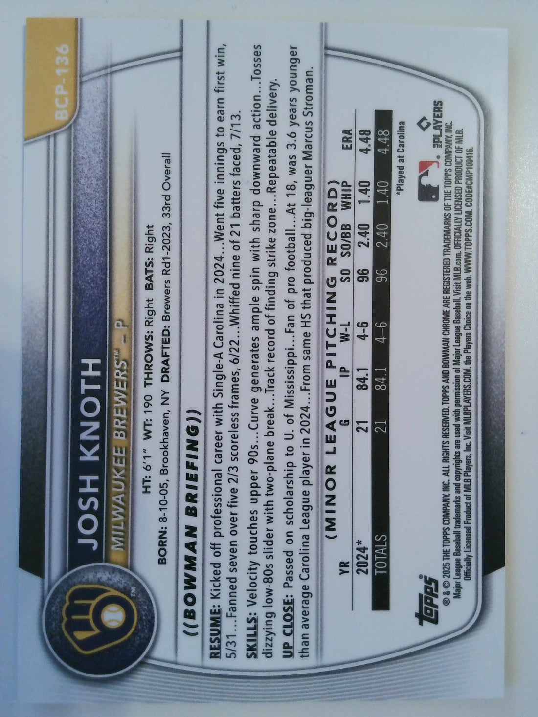 2025 Bowman Chrome Prospects Gold Shimmer 17/50 Josh Knoth #BCP-136