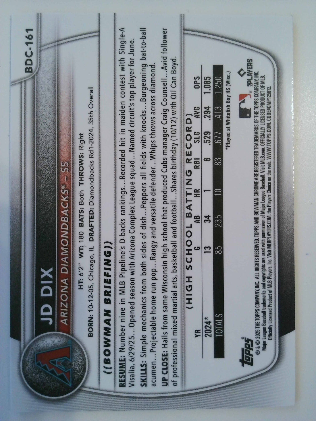 2025 Bowman Draft Chrome Fuchsia Reptilian Refractor 061/199 JD Dix #BDC-161