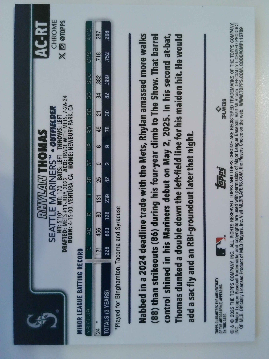 2025 Topps Chrome Autographs Purple 228/250 Rhylan Thomas #AC-RT RC