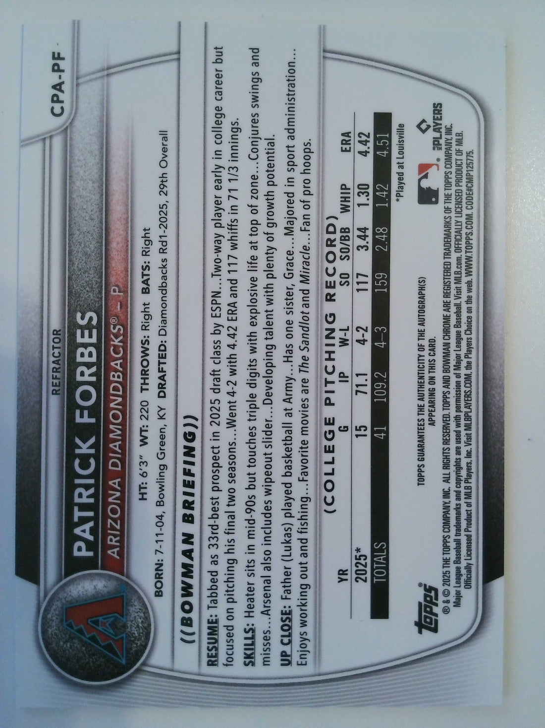 2025 Bowman Chrome Prospects Autograph Refractor 324/499 Patrick Forbes #CPA-PF