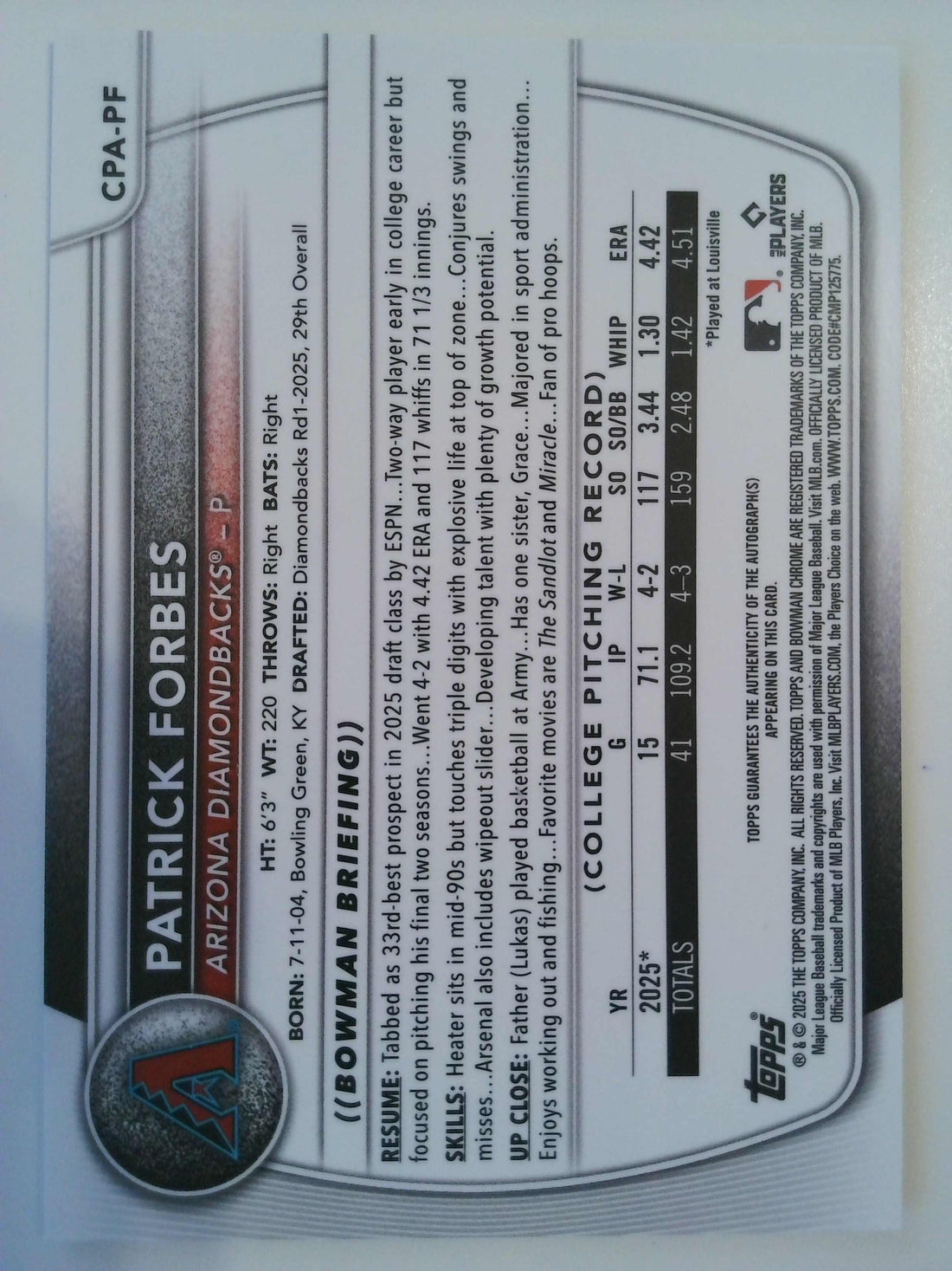 2025 Bowman Chrome Prospects Autograph Patrick Forbes #CPA-PF