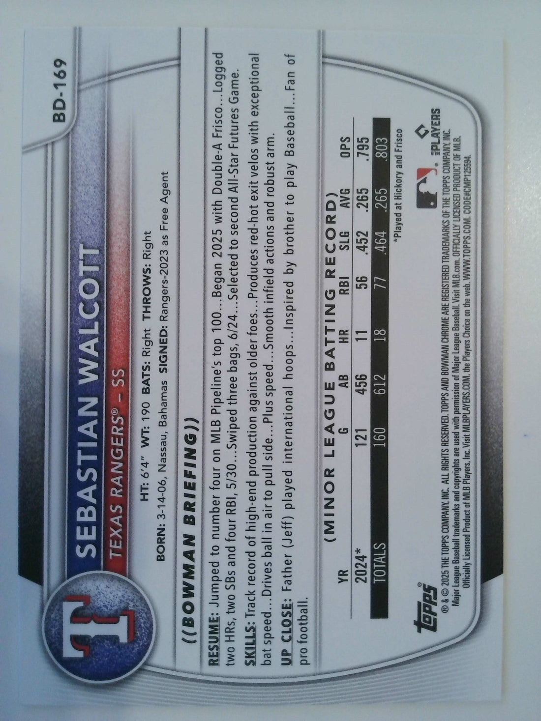 2025 Bowman Draft Blue 004/150 Sebastian Walcott #BD-169