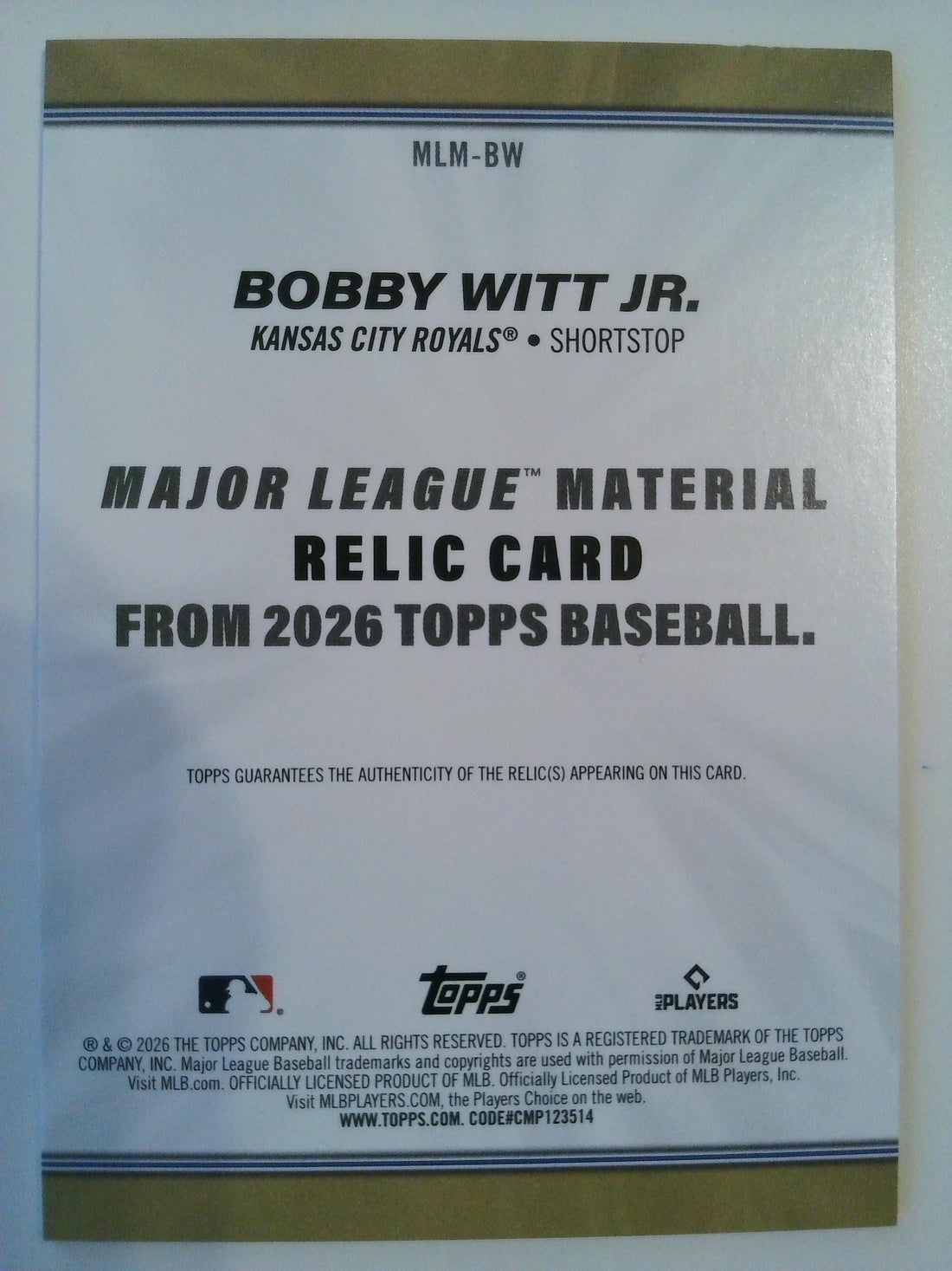 2026 Topps Series 1 Major League Materials Relics Bobby Witt Jr. #MLM-BW