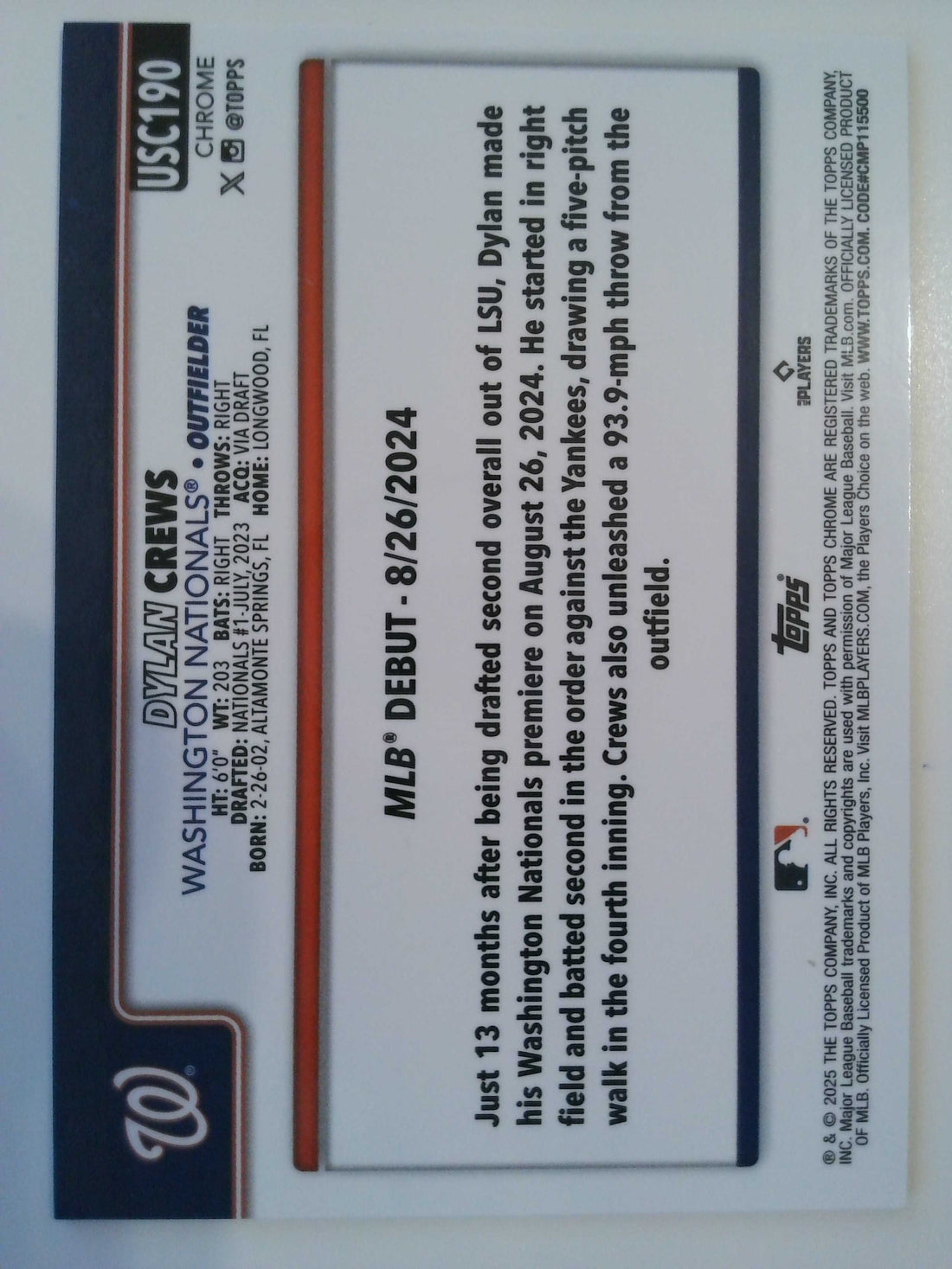 2025 Topps Chrome Update Blue Lava Refractor 071/150 Dylan Crews #USC190 RC