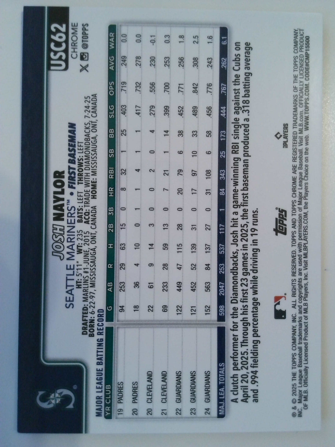 2025 Topps Chrome Update Black Lava Refractor Josh Naylor #USC62