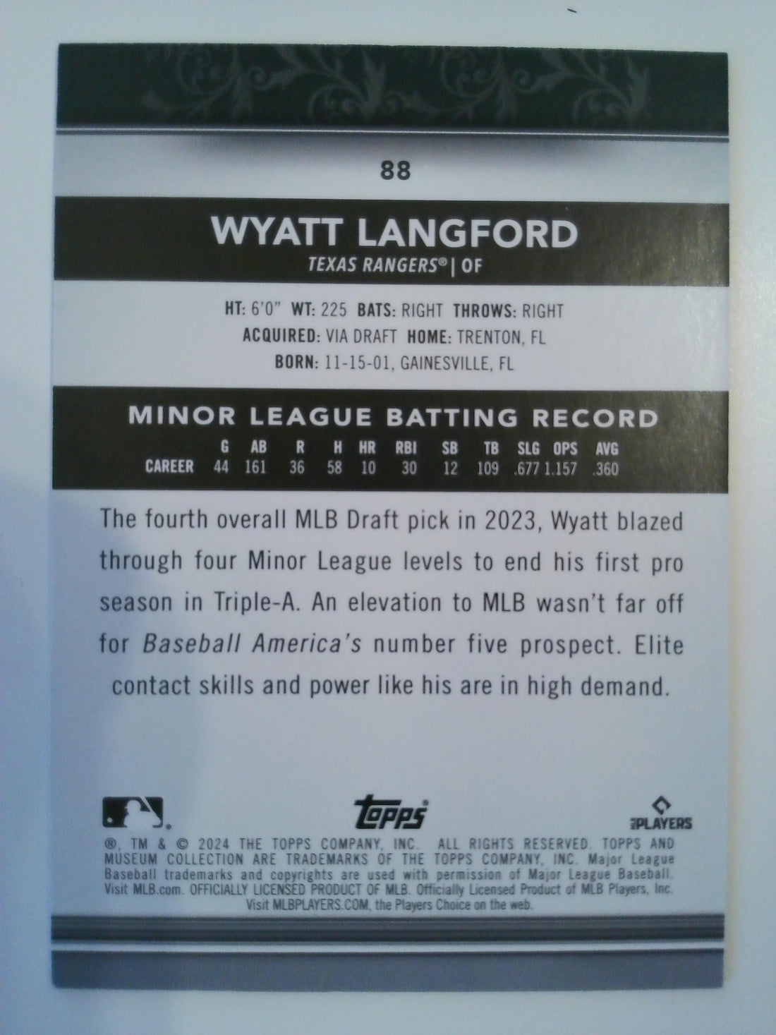 2024 Topps Museum Collection Gold 114/199 Wyatt Langford #88 RC