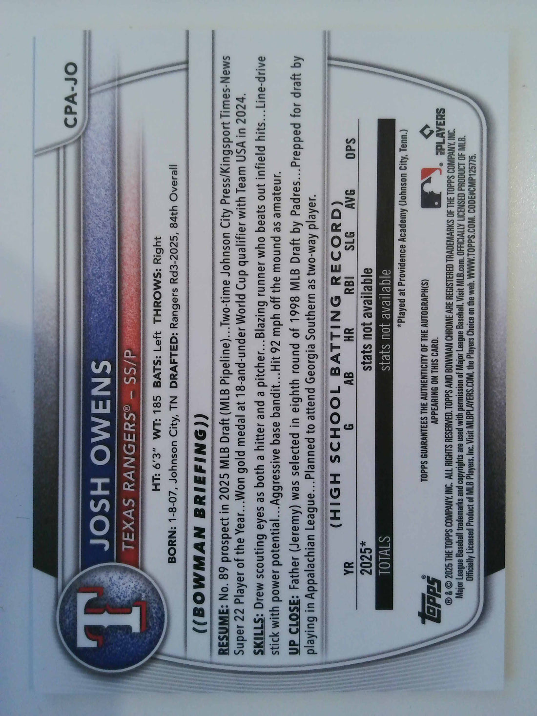 2025 Bowman Chrome Prospect Autograph Josh Owens #CPA-JO