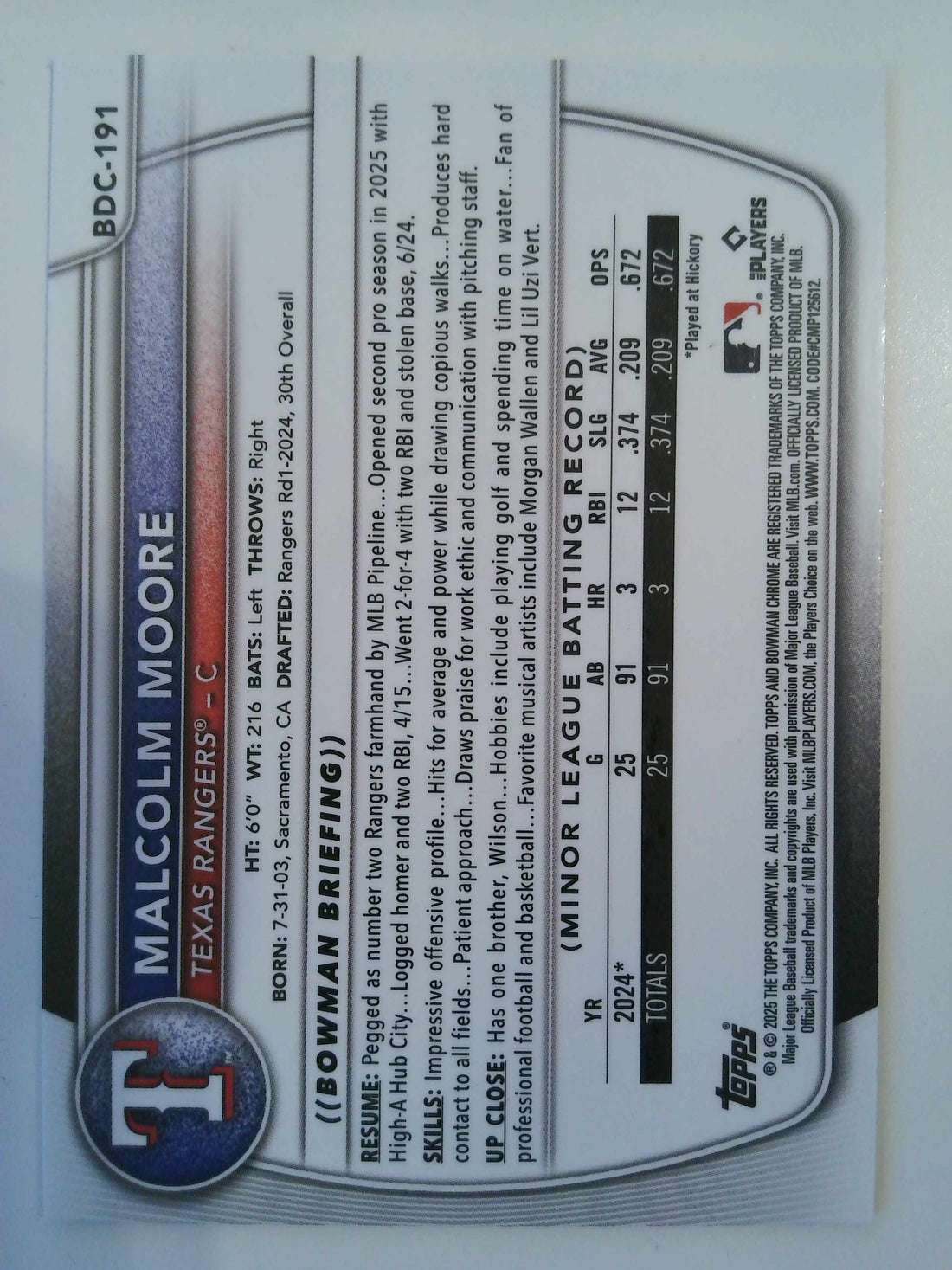 2025 Bowman Chrome Draft Reptilian Green 46/99 Malcolm Moore #BDC-191