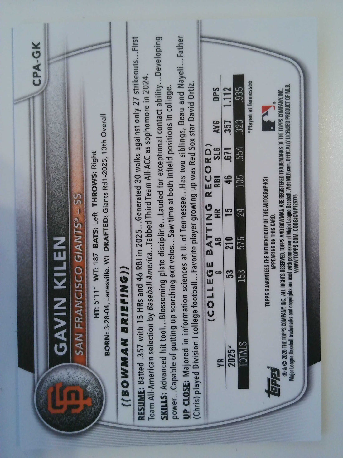 2025 Bowman Chrome Prospect Autograph Gavin Kilen #CPA-GK