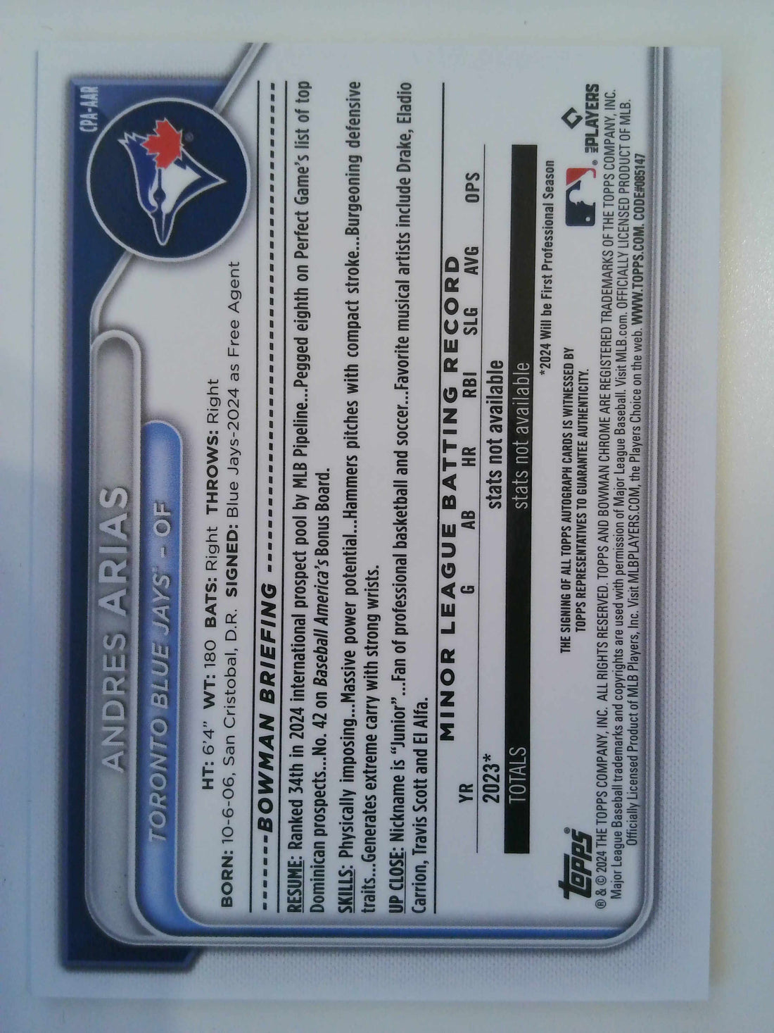 2024 Bowman Chrome Prospect Autographs Purple 160/250 Andres Arias #CPA-AAR