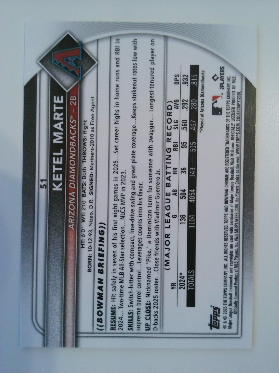 2025 Bowman Chrome Purple Geometric 228/250 Ketel Marte #51