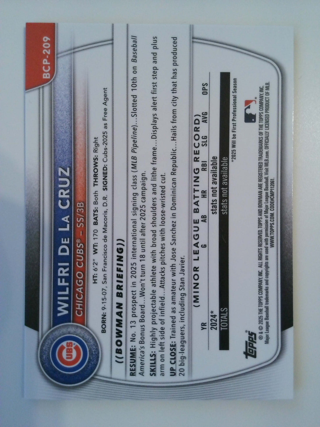 2025 Bowman Chrome Prospect Blue Refractor 109/150 Wilfri De La Cruz #BCP-209