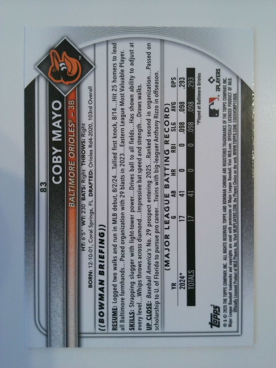 2025 Bowman Chrome PinkWave 297/299 Coby Mayo #83 RC