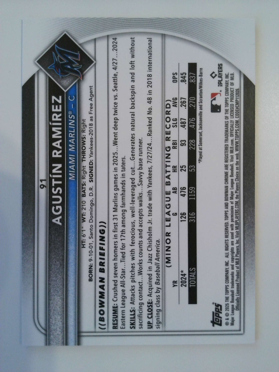 2025 Bowman Chrome Gold Refractor 02/50 Augustin Ramirez #91 RC