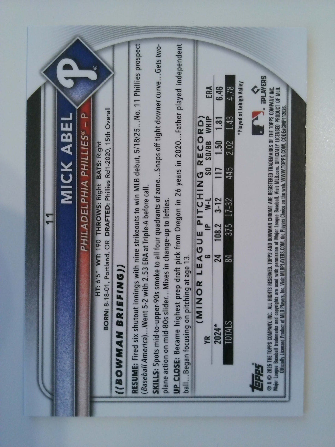 2025 Bowman Chrome Pink Refractor 274/299 Mick Abel #11 RC