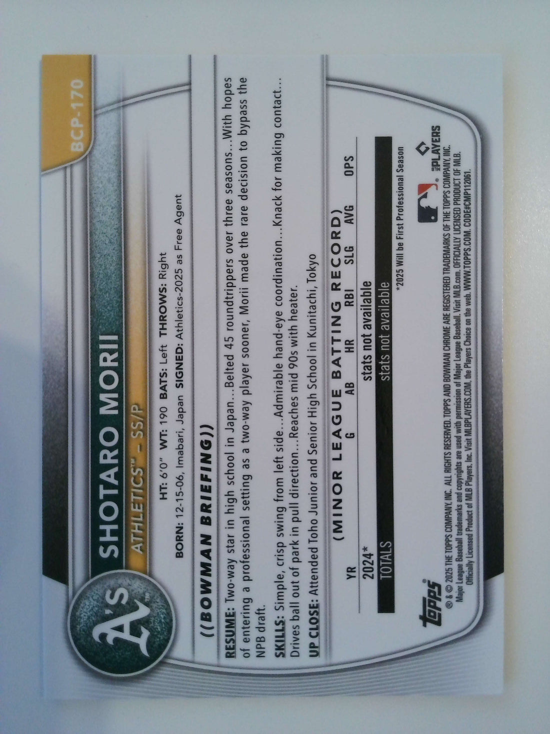 2025 Bowman Chrome Prospects Speckle Refractor 283/299 Shotaro Morii #BCP-170