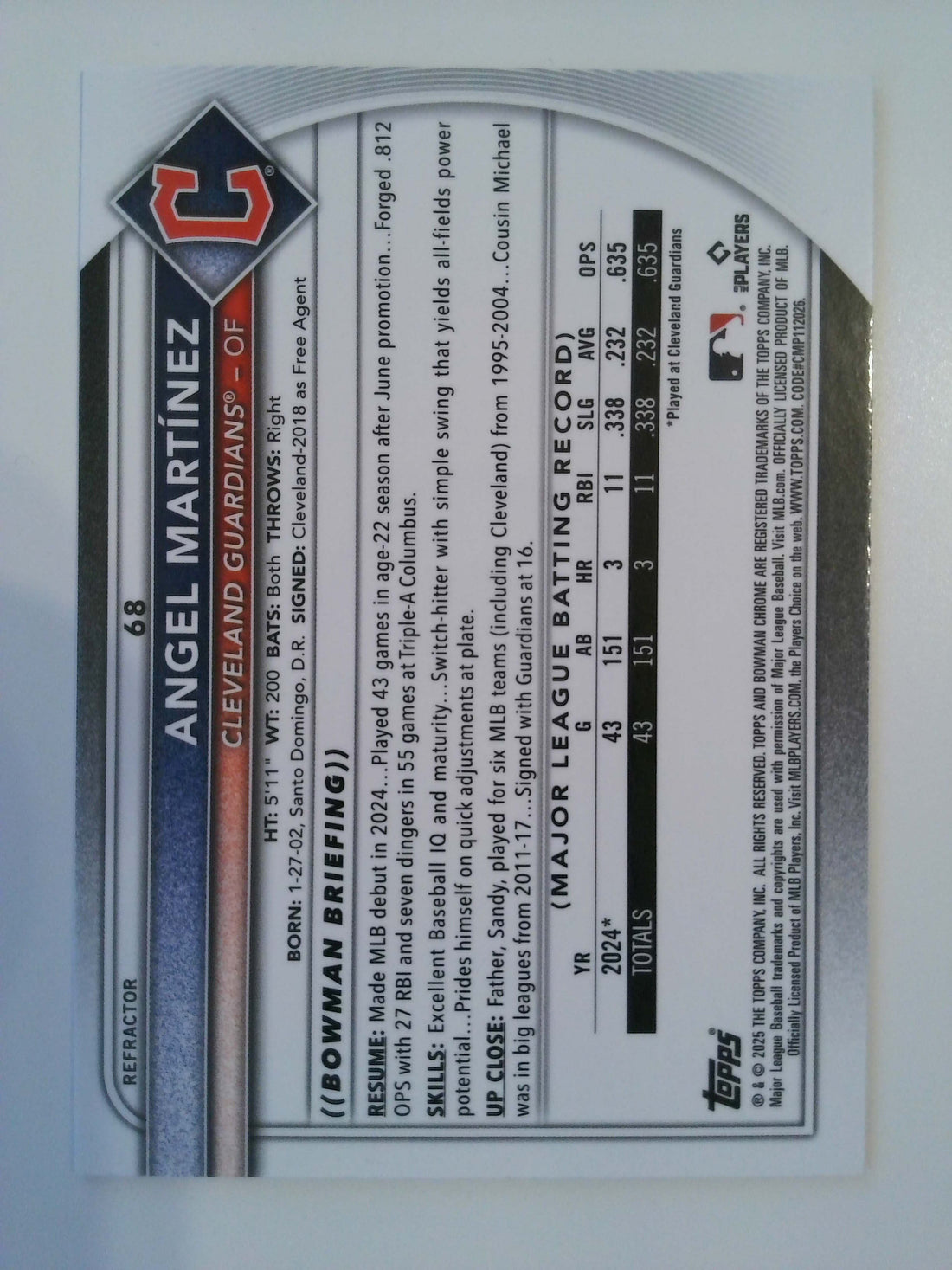 2025 Bowman Chrome Refractor 161/499 Angel Martinez #68 RC