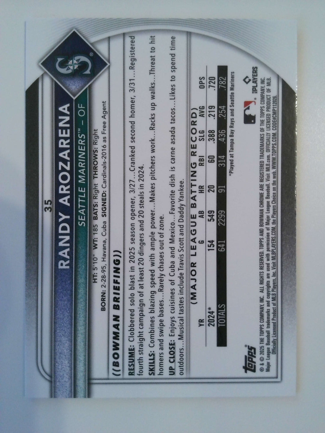 2025 Bowman Chrome Pulsar Refractor 221/399 Randy Arozarena #35