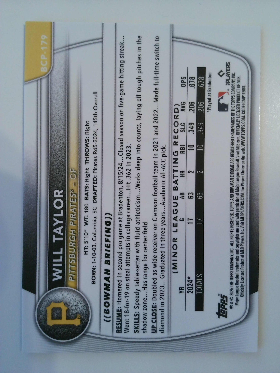 2025 Bowman Chrome Prospects Purple Shimmer 119/250 Will Taylor #BCP-179