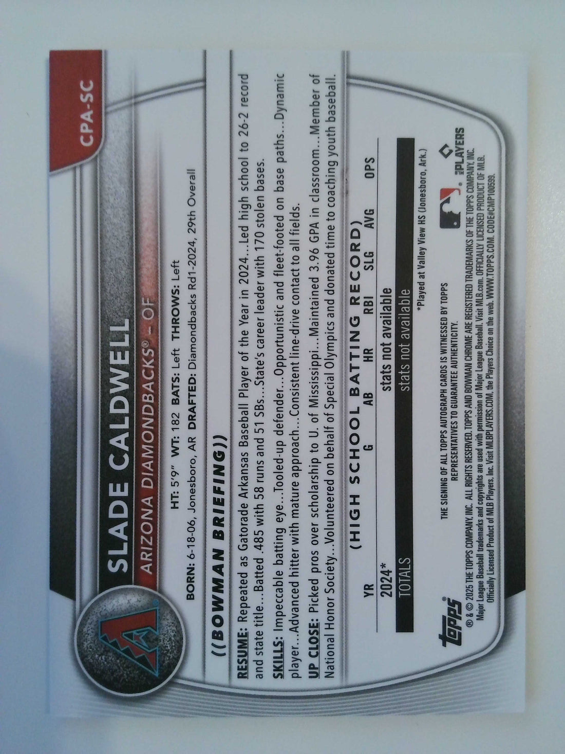 2025 Bowman Chrome Prospects Autograph Slade Caldwell #CPA-SC