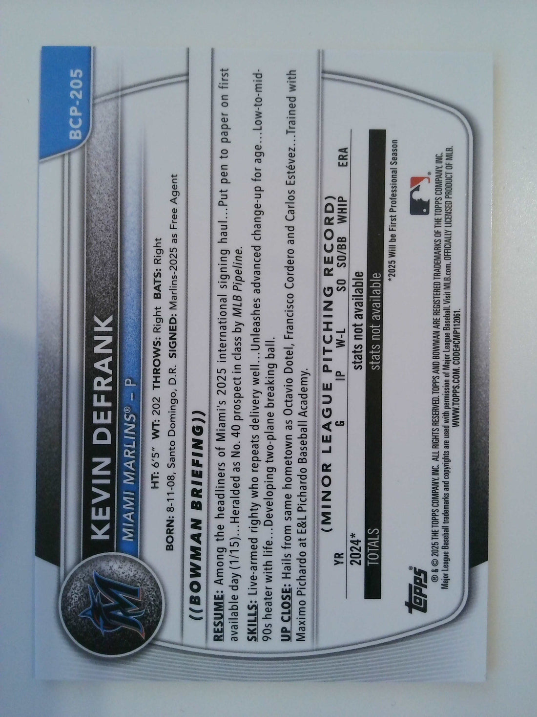 2025 Bowman Chrome Prospects Blue Refractor 001/150 Kevin Defrank #BCP-205