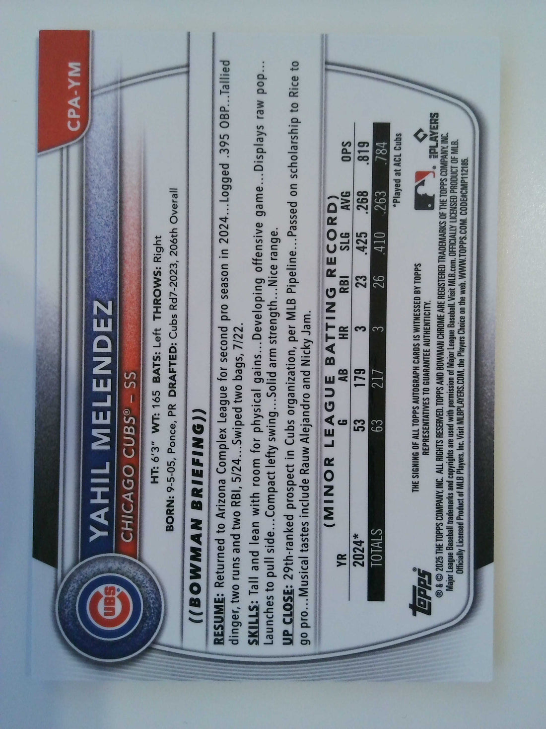 2025 Bowman Chrome Prospects Autographs Yahil Melendez #CPA-YM